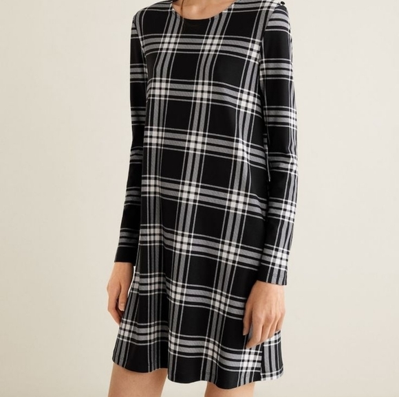 Mango black and white checkered plaid dress with buttons on shoulders - Picture 1 of 8